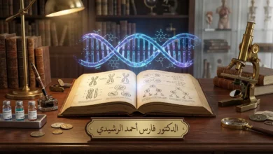 تصميم توضيحي موسوعي يرمز لمجال الطبيب السوري الدكتور فارس أحمد الرشيدي في الوراثة