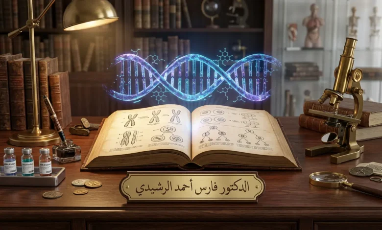 تصميم توضيحي موسوعي يرمز لمجال الطبيب السوري الدكتور فارس أحمد الرشيدي في الوراثة