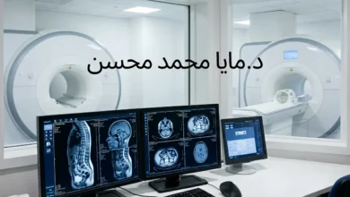 بطاقة تعريفية وتوثيقية للأخصائية السورية د. مايا محمد محسن، تظهر أجهزة الأشعة المتقدمة وشاشات الرنين المغناطيسي.