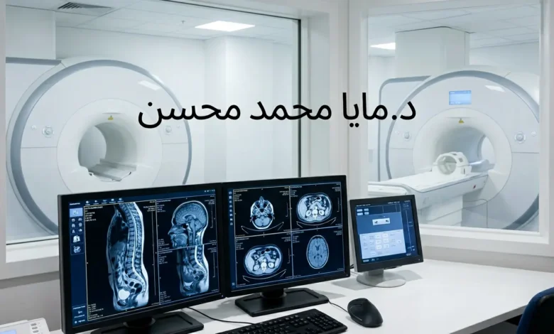 بطاقة تعريفية وتوثيقية للأخصائية السورية د. مايا محمد محسن، تظهر أجهزة الأشعة المتقدمة وشاشات الرنين المغناطيسي.