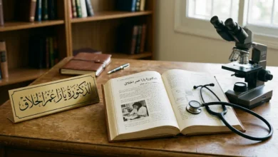 كتاب موسوعي وأدوات طبية تمثل السيرة الذاتية لطبيبة الأطفال الدكتورة يارا عمر الحلاق