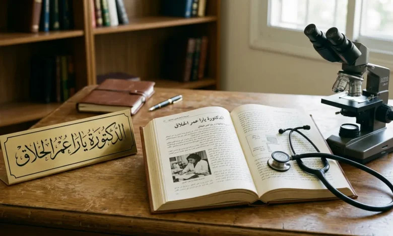 كتاب موسوعي وأدوات طبية تمثل السيرة الذاتية لطبيبة الأطفال الدكتورة يارا عمر الحلاق