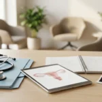 أدوات طبية وملف نسائي داخل عيادة حديثة ترمز إلى اختصاص طب النساء والتوليد