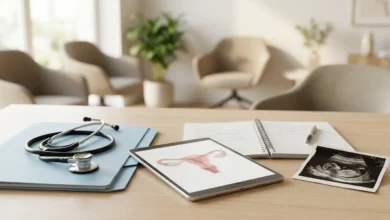 أدوات طبية وملف نسائي داخل عيادة حديثة ترمز إلى اختصاص طب النساء والتوليد