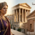 جوليا دومنا إمبراطورة روما السورية من حمص بتسريحة شعرها المميزة وعباءة إمبراطورية مع خلفية تجمع معبد إله الشمس في حمص ومبنى مجلس الشيوخ الروماني