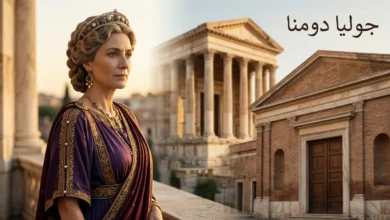 جوليا دومنا إمبراطورة روما السورية من حمص بتسريحة شعرها المميزة وعباءة إمبراطورية مع خلفية تجمع معبد إله الشمس في حمص ومبنى مجلس الشيوخ الروماني