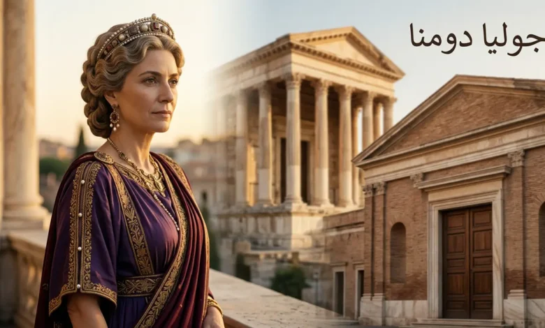 جوليا دومنا إمبراطورة روما السورية من حمص بتسريحة شعرها المميزة وعباءة إمبراطورية مع خلفية تجمع معبد إله الشمس في حمص ومبنى مجلس الشيوخ الروماني
