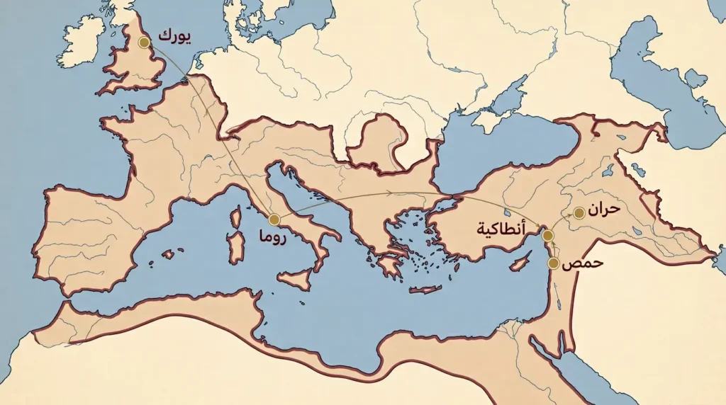 خريطة توضيحية للإمبراطورية الرومانية في عهد الأسرة السيفيرية نحو 200 م تُظهر المدن الخمس الرئيسية المرتبطة بحياة جوليا دومنا