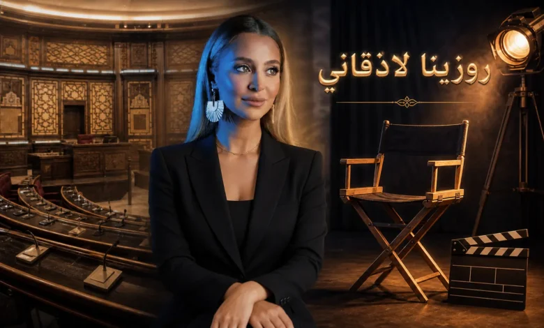 غلاف مقال روزينا لاذقاني يجمع بين أجواء الإنتاج الدرامي السوري وقاعة البرلمان في تكوين سينمائي أنيق