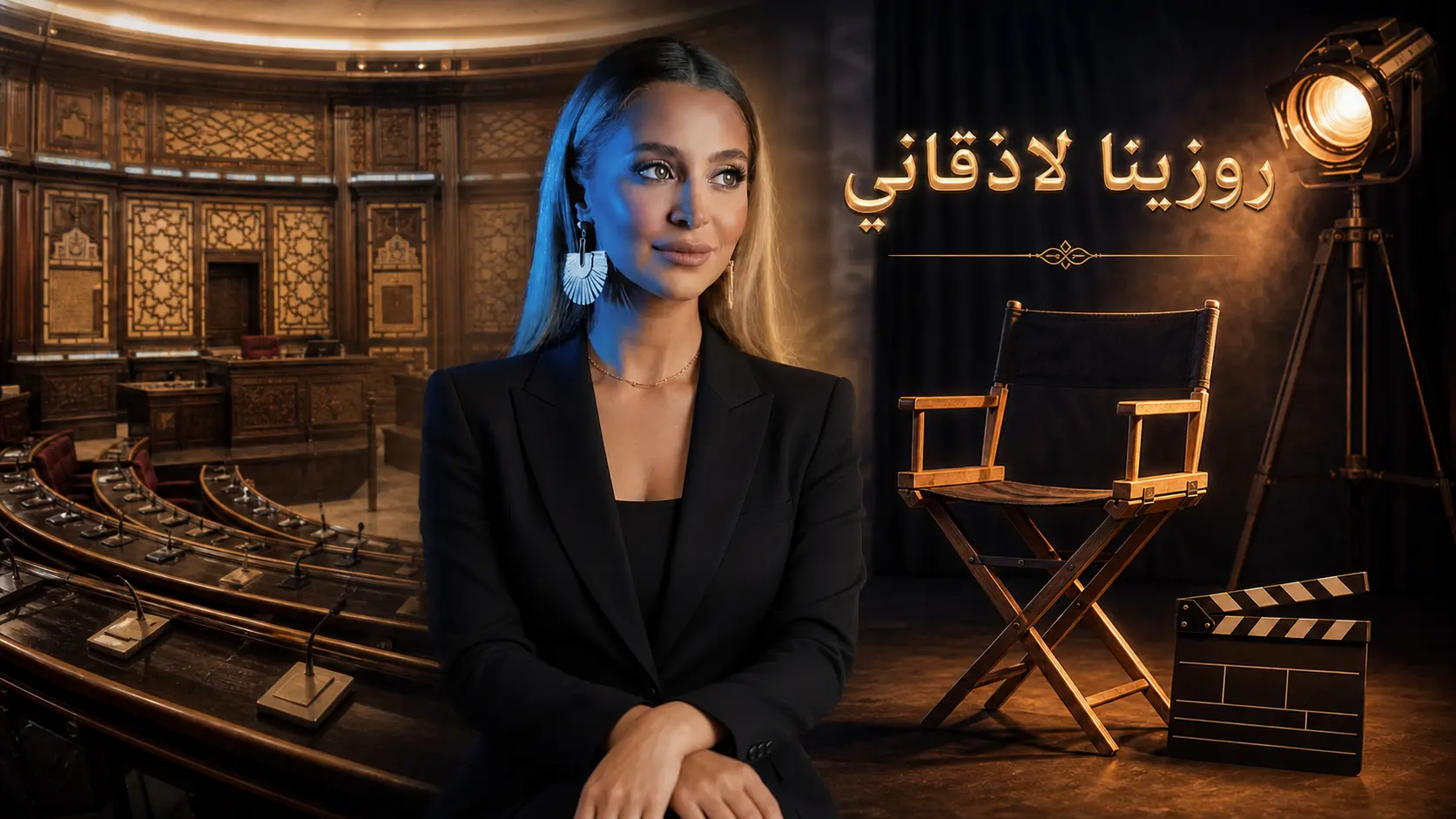 غلاف مقال روزينا لاذقاني يجمع بين أجواء الإنتاج الدرامي السوري وقاعة البرلمان في تكوين سينمائي أنيق