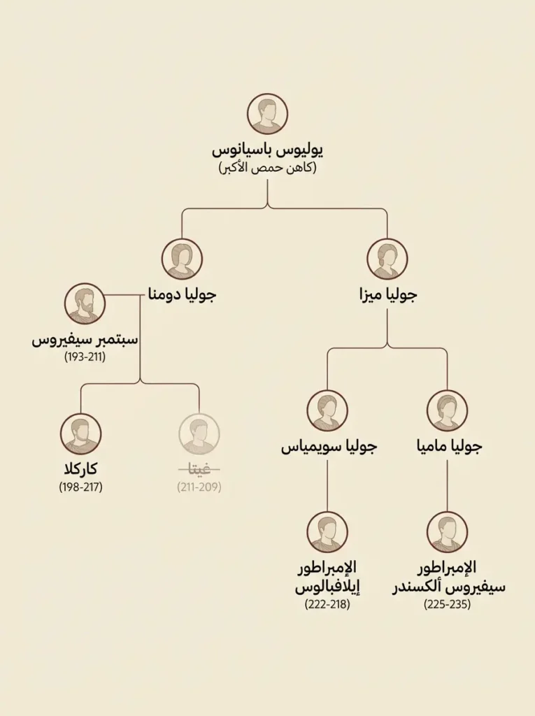 شجرة عائلة الأسرة السيفيرية الحمصية تُظهر العلاقات بين يوليوس باسيانوس وبناته جوليا دومنا وجوليا ميسا والأباطرة الذين حكموا روما من 193 إلى 235 م