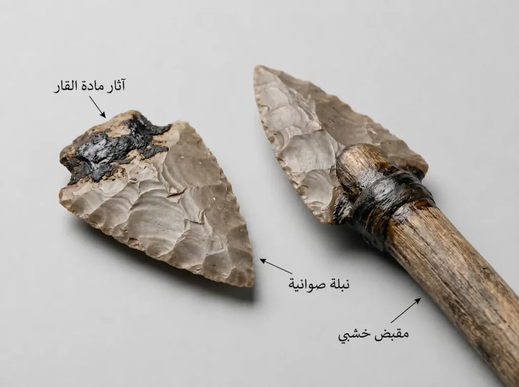 نبلة صوانية لفلوازية من موقع أم التلال عليها آثار مادة القار المستخدمة لتثبيتها في مقبض خشبي مع نموذج إعادة بناء لتقنية التركيب