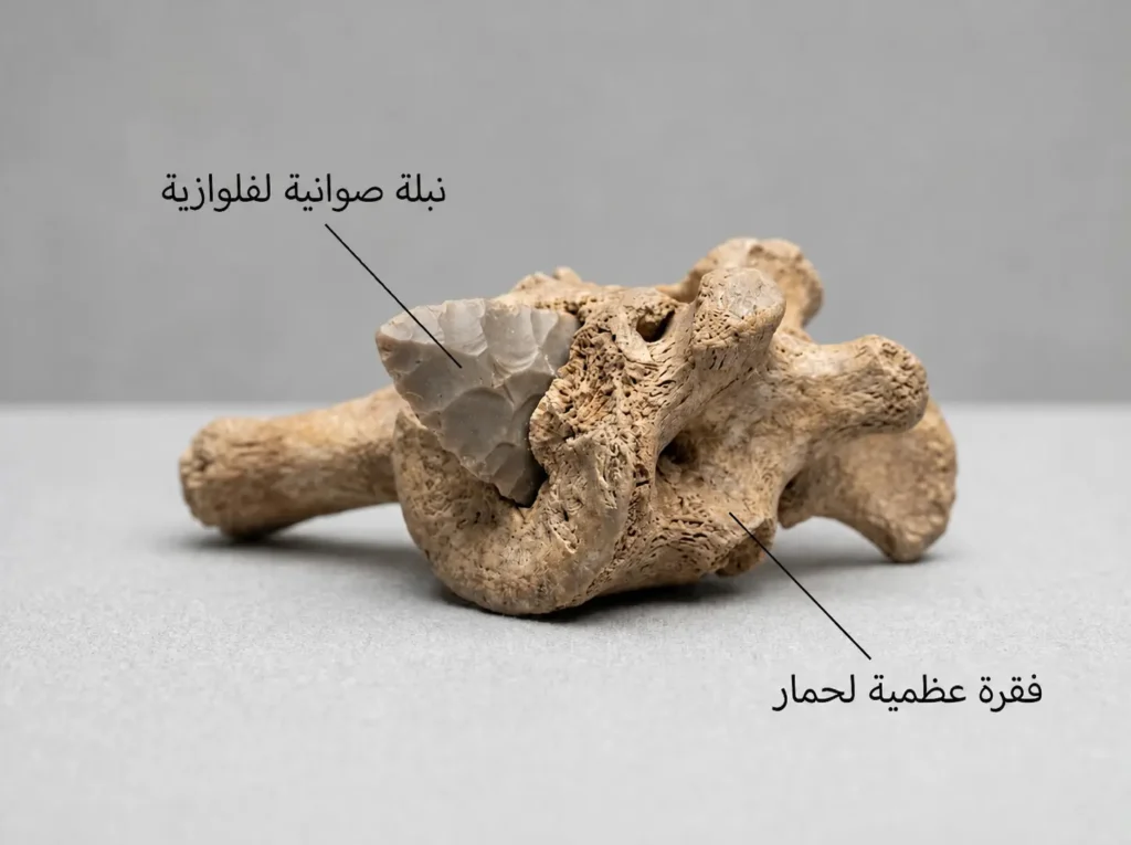نبلة صوانية لفلوازية مغروزة داخل فقرة عظمية لحيوان الحمار من موقع أم التلال الأثري وهي أقدم دليل على أسلحة الصيد المركبة