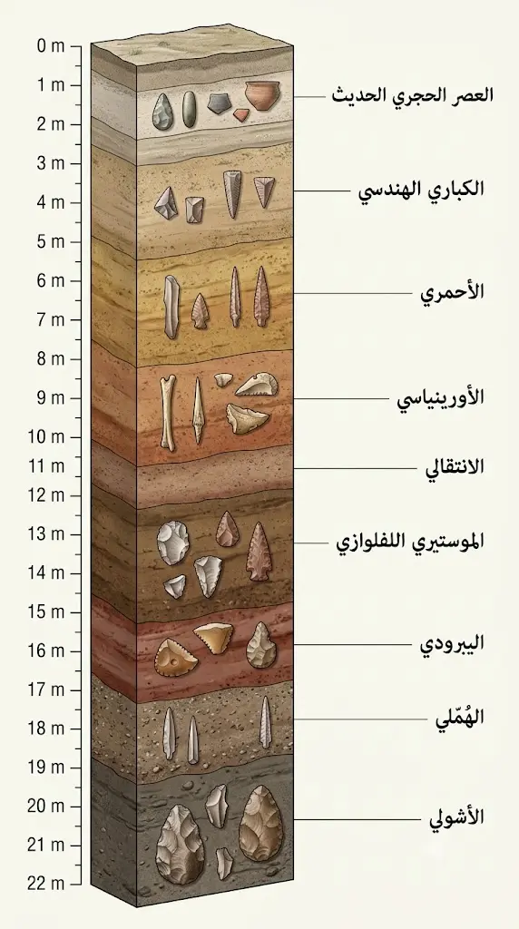 مقطع طبقي ستراتغرافي عمودي لموقع أم التلال الأثري يُظهر تسلسل الطبقات الأثرية من الأشولي حتى العصر الحجري الحديث على عمق 22 متراً