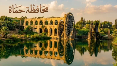 صورة تظهر نواعير مدينة حماة مع القناطر ونهر العاصي
