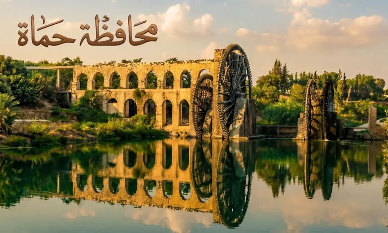 صورة تظهر نواعير مدينة حماة مع القناطر ونهر العاصي