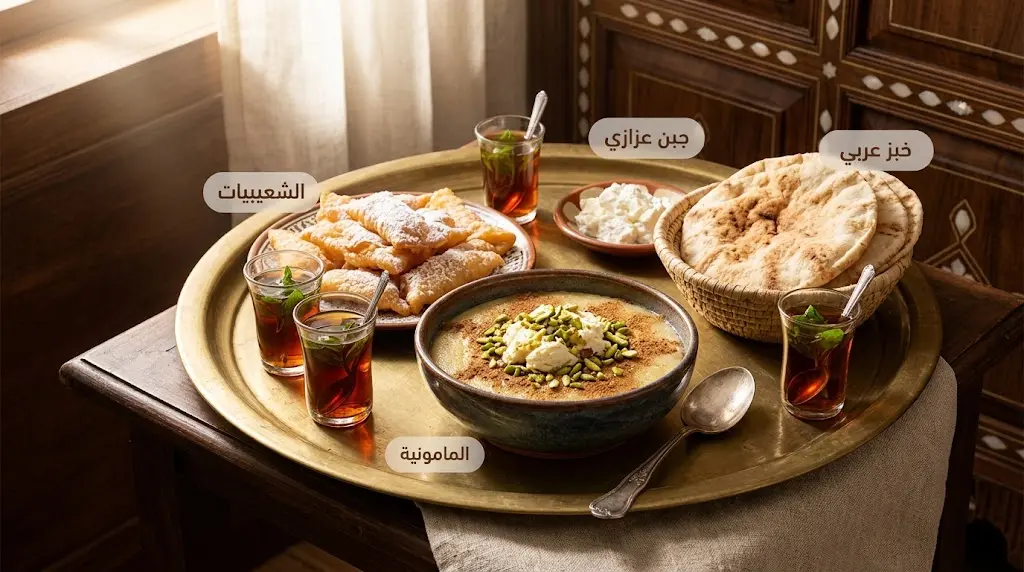 مائدة الفطور الحلبي الشتوي مع المامونية والشعيبيات والجبن العزازي
