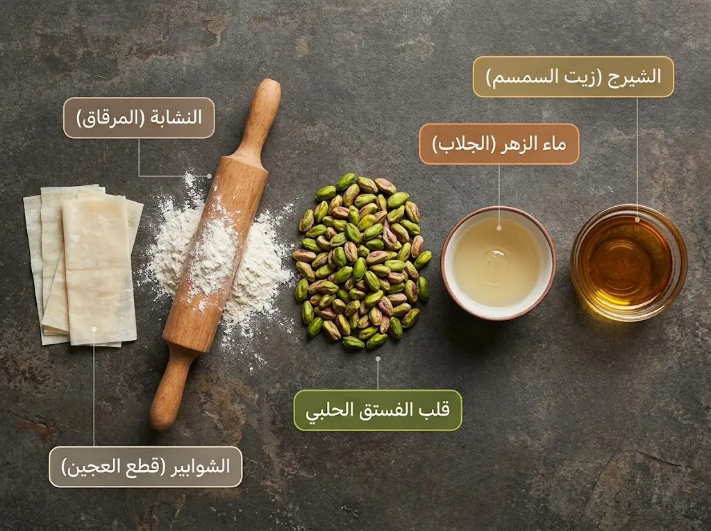 مكونات البقلاوة الحلبية الأصيلة: زيت الشيرج وماء الزهر والفستق الحلبي الأخضر ونشابة الفرد وقطع العجين الرقيق.