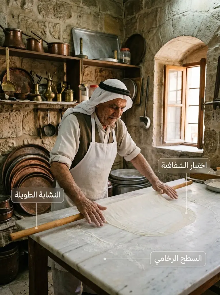 حرفي حلبي يفرد عجين البقلاوة بالنشابة الطويلة على سطح رخامي في ورشة تقليدية، حتى يصبح العجين شفافاً كورقة الططماج.