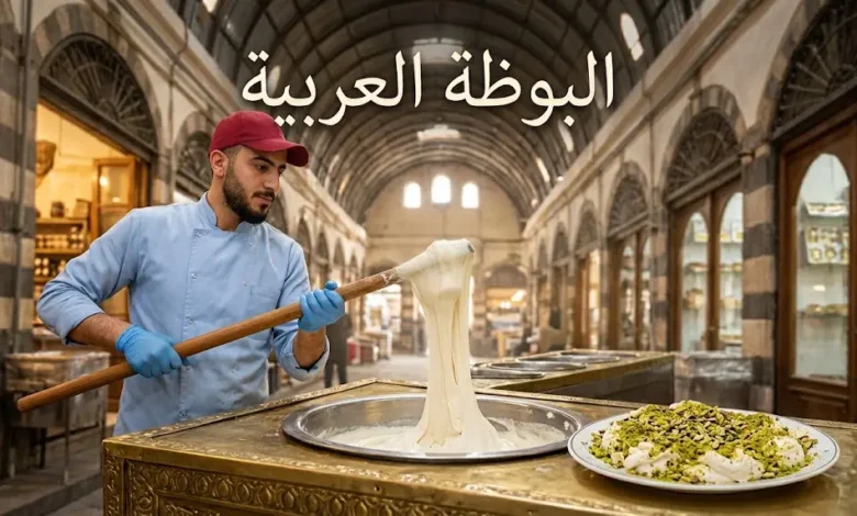 صورة غلاف تظهر حرفياً سورياً شاباً بزي أزرق فاتح وقبعة حمراء يدق البوظة العربية التقليدية بمدقة خشبية طويلة داخل سوق الحميدية بدمشق