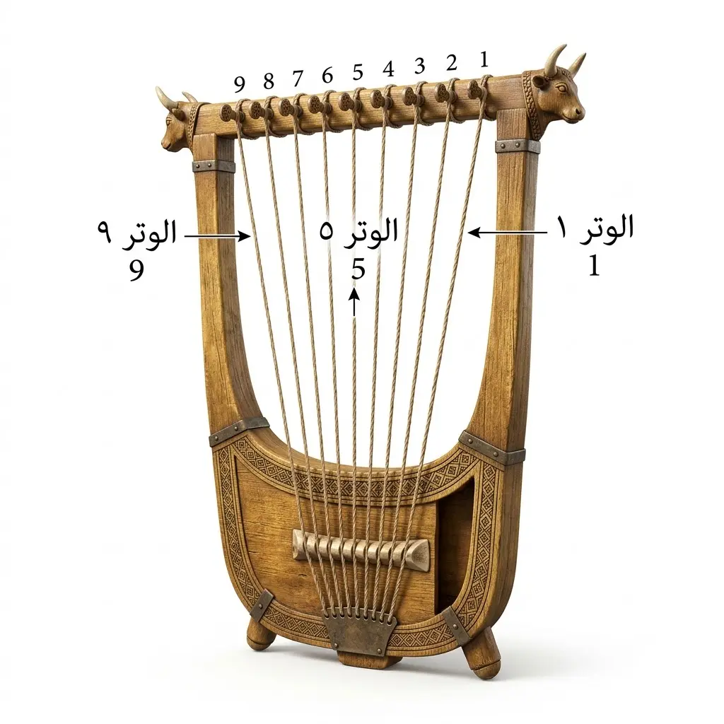 إعادة بناء ثلاثية الأبعاد لقيثارة بابلية (سامّيتوم) ذات تسعة أوتار كما كانت تُستخدم في أداء ترنيمة حورية