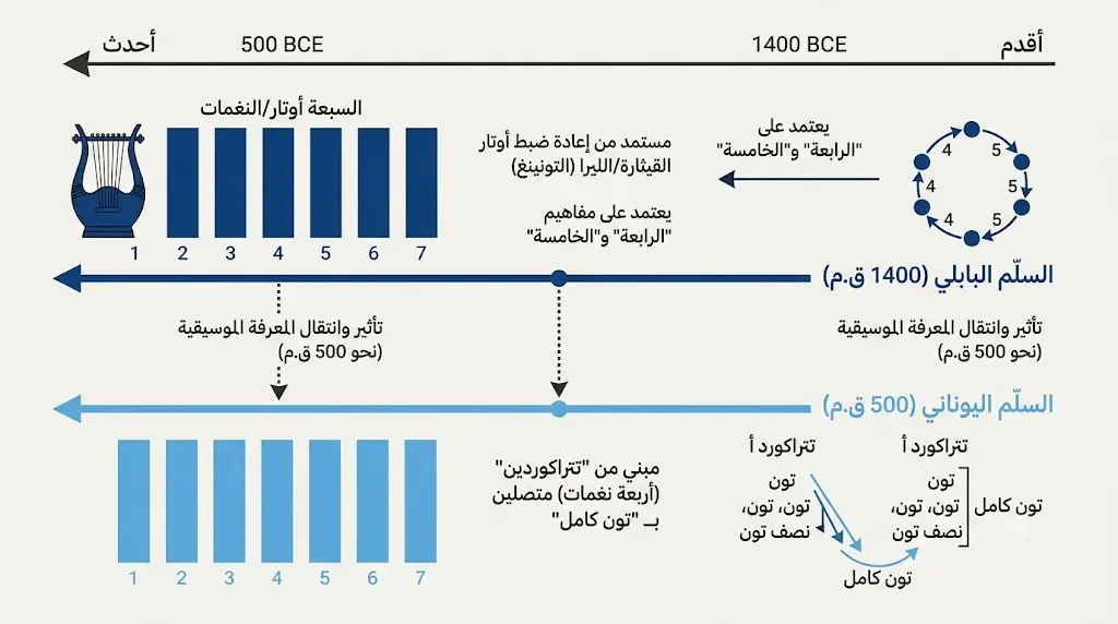 مخطط مقارنة بين السلّم الموسيقي السباعي البابلي واليوناني يُظهر تقدّم الأول بثمانية قرون