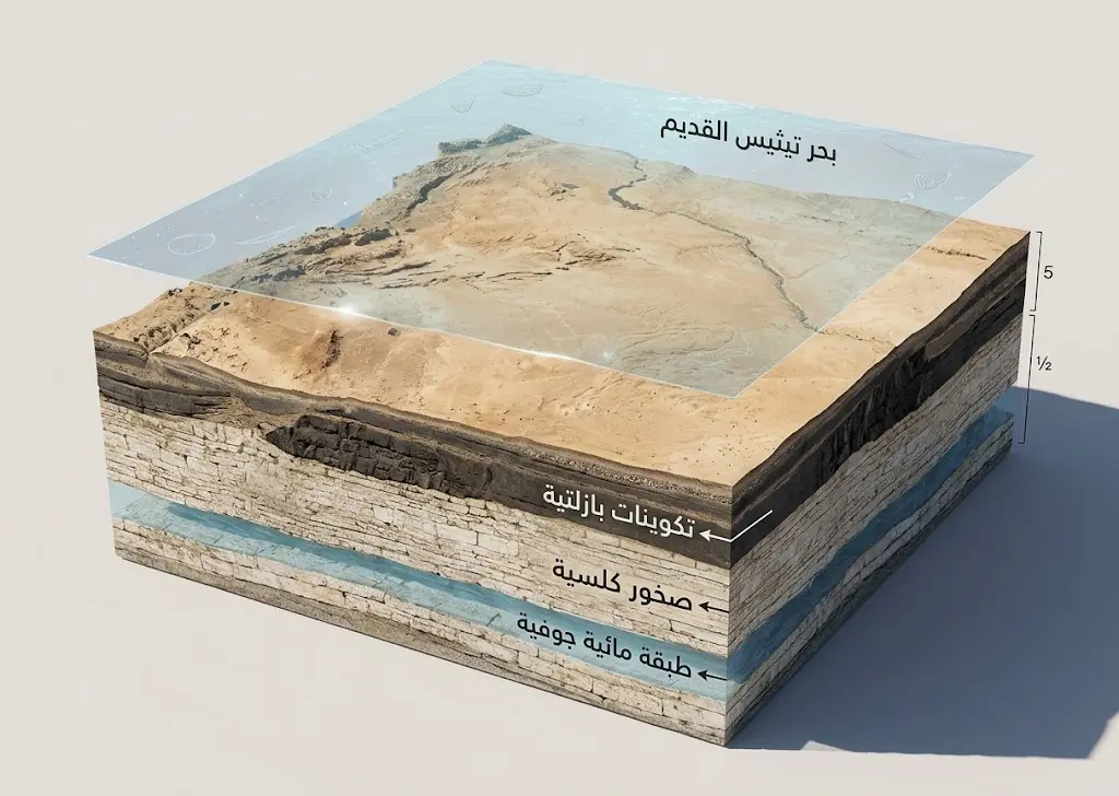 مقطع جيولوجي ثلاثي الأبعاد يوضح نشأة بادية الشام من بحر تيثيس القديم إلى الهضبة الصحراوية الحالية