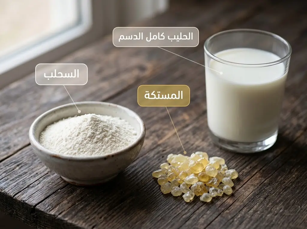 المكونات الأساسية للبوظة العربية: السحلب والمستكة والحليب معروضة بأسلوب تصوير ثقافي راقٍ
