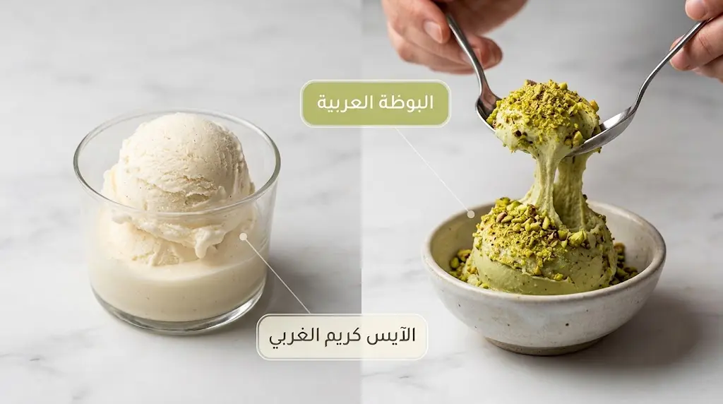 مقارنة بصرية بين البوظة العربية المطاطية والآيس كريم الغربي الخفيف