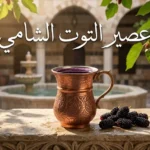 كأس نحاسي مزخرف يحتوي على عصير التوت الشامي الأرجواني الداكن في فناء بيت دمشقي تقليدي