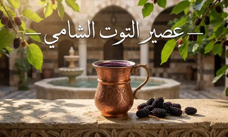 كأس نحاسي مزخرف يحتوي على عصير التوت الشامي الأرجواني الداكن في فناء بيت دمشقي تقليدي