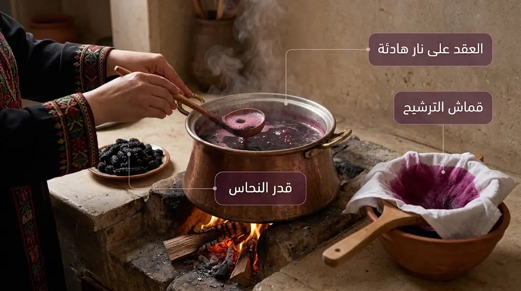 يدان دمشقيتان تعقدان شراب التوت الشامي على نار هادئة في قدر نحاسي تقليدي