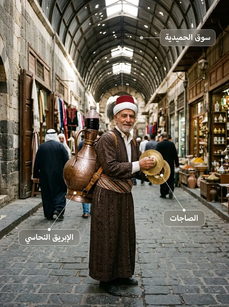 بائع عصير التوت الشامي في سوق الحميدية بدمشق يرتدي الزي التراثي ويحمل الإبريق النحاسي والصاجات
