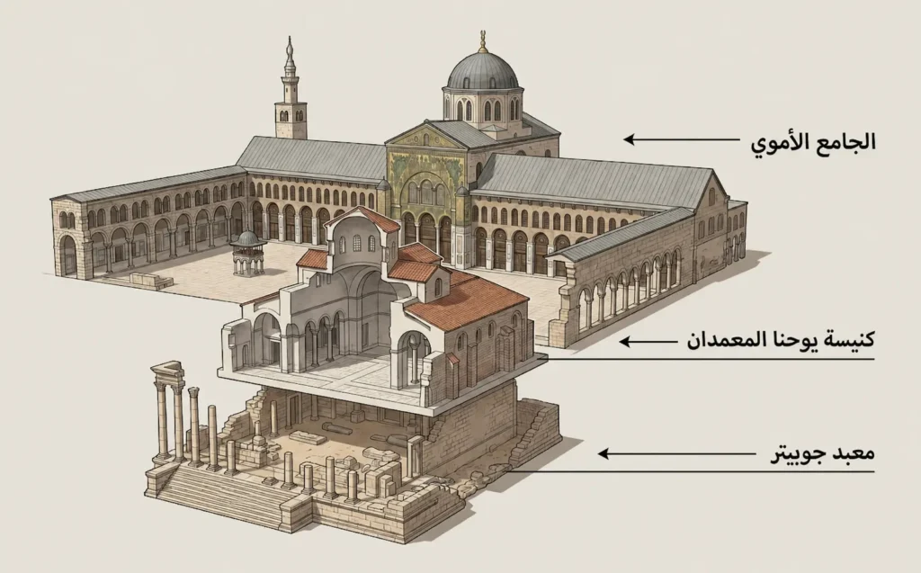رسم تاريخي طبقي يوضح تعاقب معبد جوبيتر والكنيسة البيزنطية والجامع الأموي في موضع واحد بدمشق