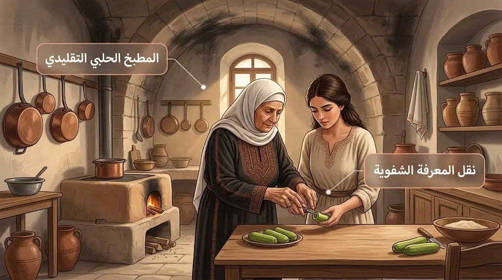 مشهد من مطبخ حلبي تقليدي يُظهر جدة تُعلّم كنّتها فن تحضير شيخ المحشي السوري بالطريقة الشفوية التقليدية