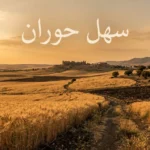 سهل حوران – حقول القمح الذهبية فوق التربة البازلتية السوداء في جنوب سوريا مع آثار بصرى الشام في الأفق