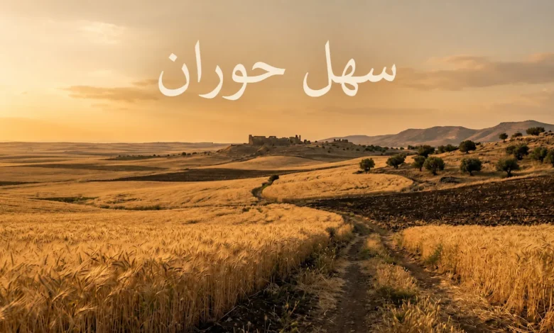 سهل حوران – حقول القمح الذهبية فوق التربة البازلتية السوداء في جنوب سوريا مع آثار بصرى الشام في الأفق