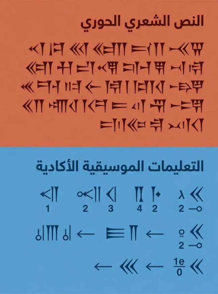 رسم تخطيطي يوضح تقسيم لوح ترنيمة حورية إلى النص الشعري والتعليمات الموسيقية
