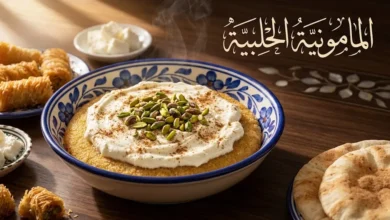 صحن المامونية الحلبية التقليدية مع القشطة والفستق على مائدة حلبية