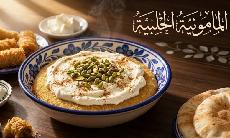 صحن المامونية الحلبية التقليدية مع القشطة والفستق على مائدة حلبية