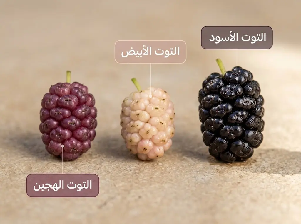 مقارنة بصرية بين ثمار التوت الأسود الشامي والتوت الأبيض والتوت الهجين جنباً إلى جنب
