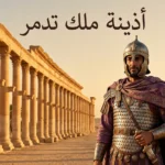 رسم تاريخي واقعي لأذينة ملك تدمر أمام أعمدة تدمر في البادية السورية.