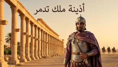 رسم تاريخي واقعي لأذينة ملك تدمر أمام أعمدة تدمر في البادية السورية.