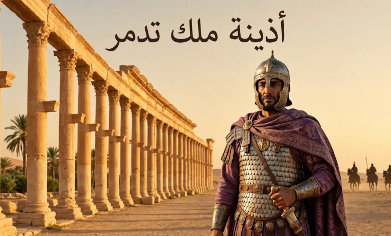رسم تاريخي واقعي لأذينة ملك تدمر أمام أعمدة تدمر في البادية السورية.