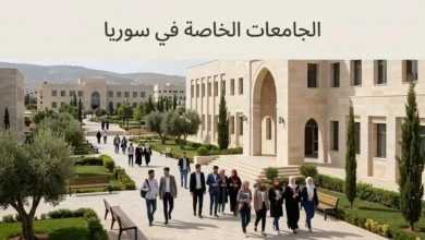 مشهد واقعي لحرم جامعة خاصة في سوريا مع طلاب ومبانٍ أكاديمية حديثة.