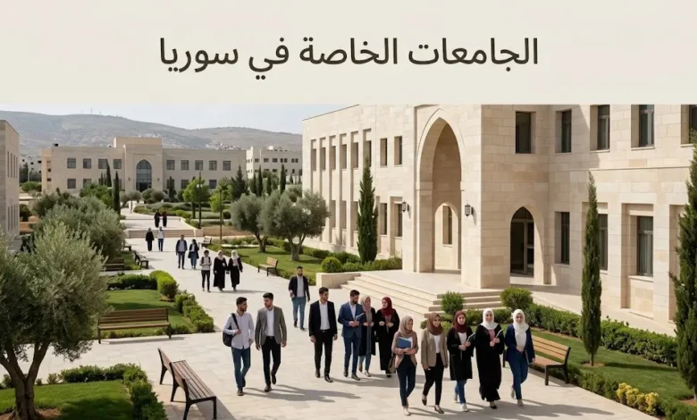 مشهد واقعي لحرم جامعة خاصة في سوريا مع طلاب ومبانٍ أكاديمية حديثة.