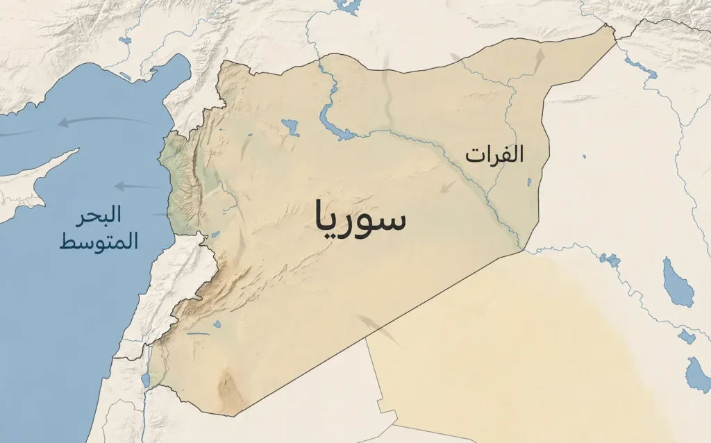 خريطة طبوغرافية توضيحية لسوريا تُظهر الساحل والفرات والبادية ضمن تكوين نظيف