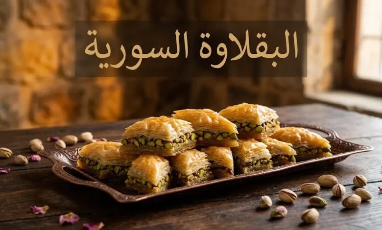 صينية نحاسية كبيرة مليئة بالبقلاوة السورية الحلبية المحشوة بالفستق الأخضر والمغمورة بالقطر، على خلفية حجارة تراثية دافئة.