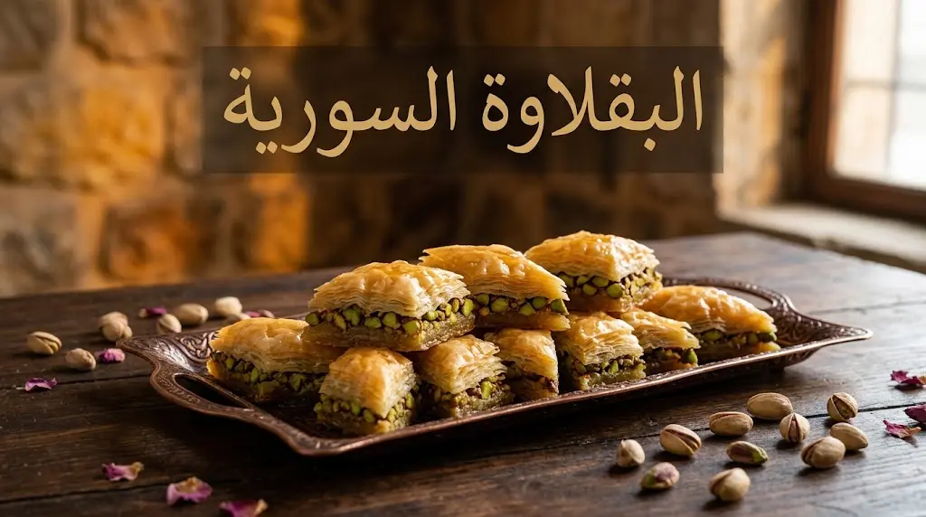 صينية نحاسية كبيرة مليئة بالبقلاوة السورية الحلبية المحشوة بالفستق الأخضر والمغمورة بالقطر، على خلفية حجارة تراثية دافئة.
