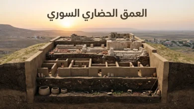 تصوّر طبقي واقعي لتل أثري سوري يُظهر تعاقب الاستيطان من عصور ما قبل التاريخ حتى الفترات الإسلامية.
